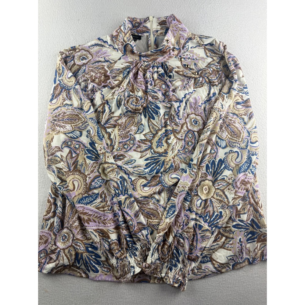 Talbots Womens XL Paisley Mock Neck Blouse Gold Button‎ Long Sleeve Blue Purple